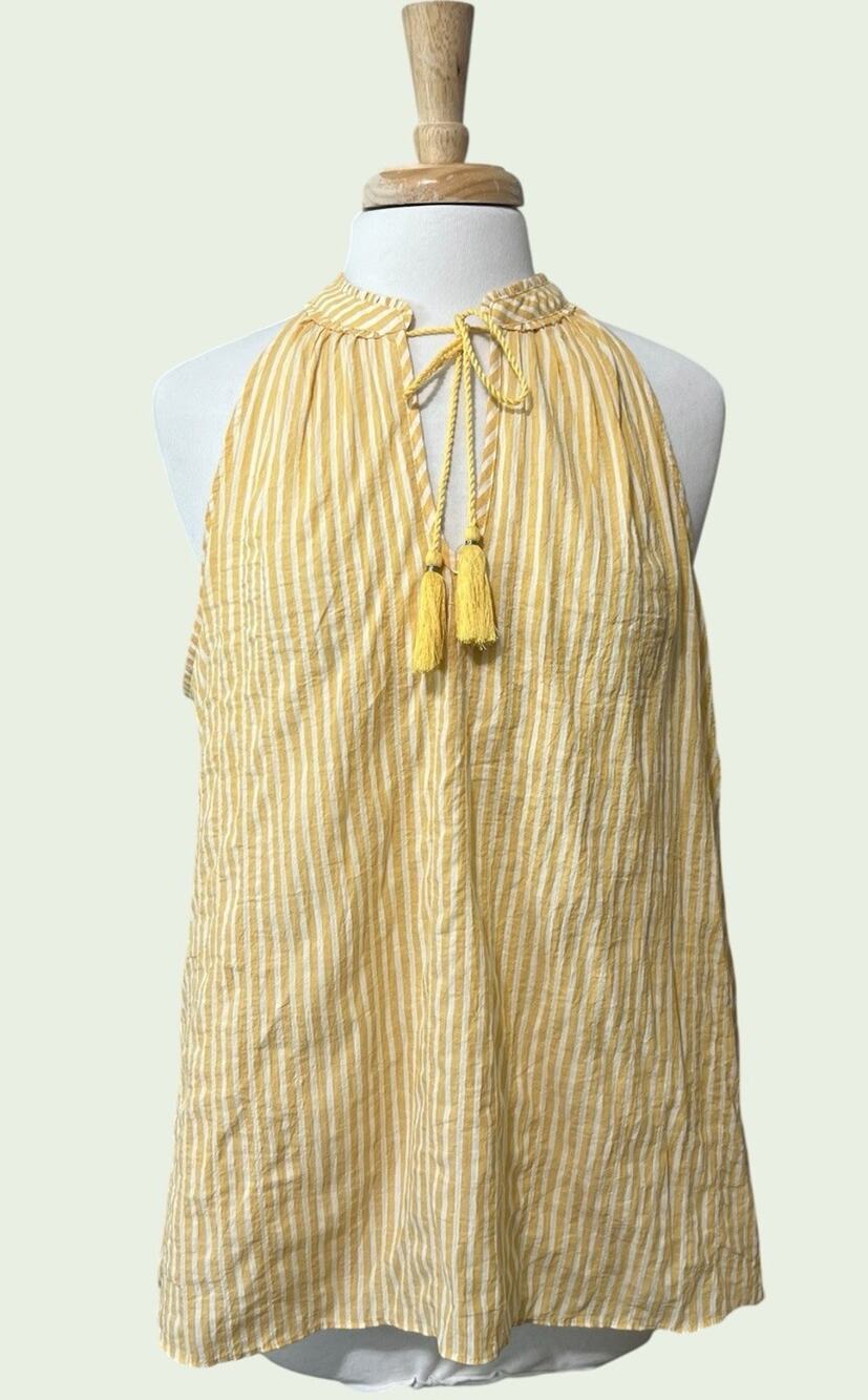 Lauren Conrad Halter Top Womens XL Yellow Whitle Striped Tassel Keyhole Neck NEW